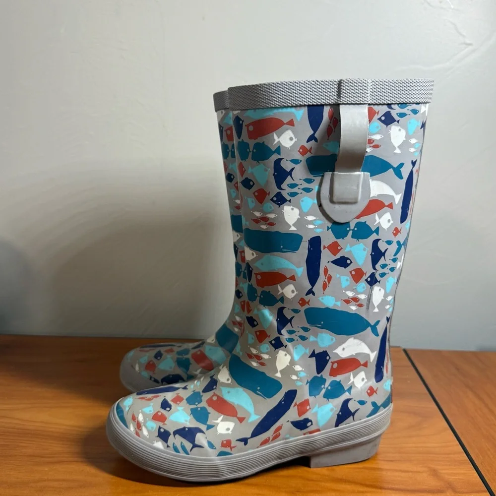 L.L. Bean Kids Wellie Rain Boots Ocean Fish Grey Unisex Rubber Spring Big Kids 2